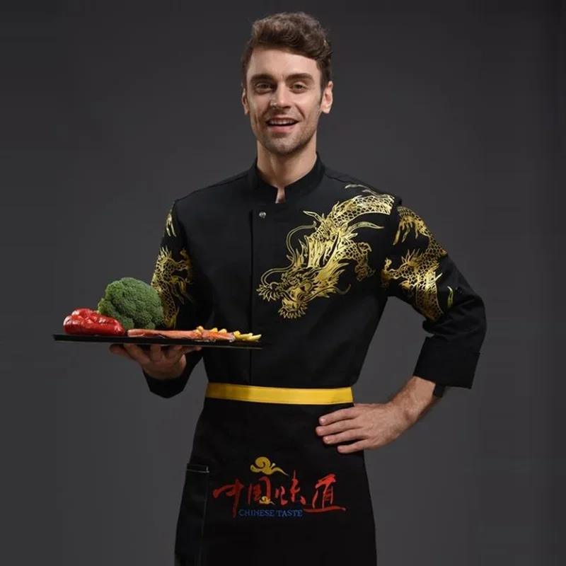 dragon-chef-print-cafe-coat-bakery-uniform-work-shop-collar-top-sleeve-clothing-catering-long-barber-stand