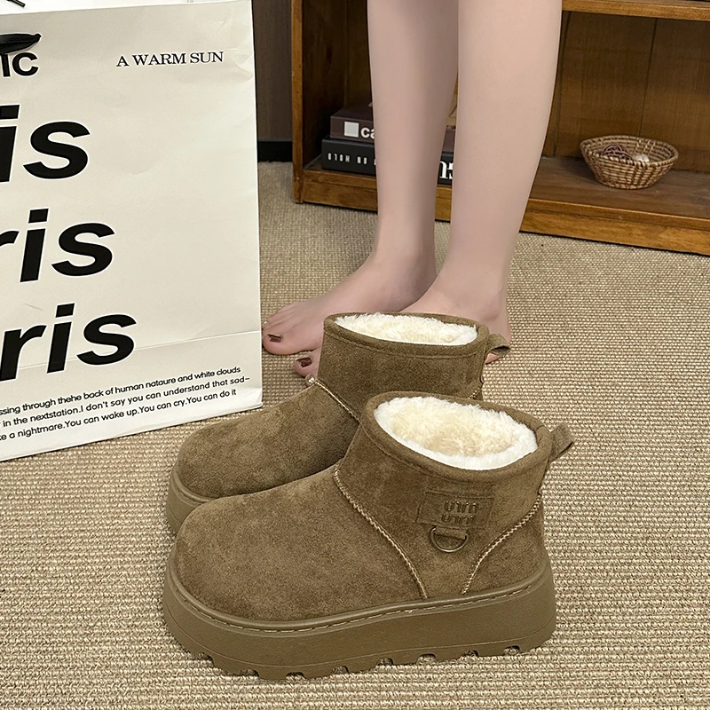 Women's Winter Fleece-Lined Short Boots, Fashionable Slip-On Thickened Warm Outdoor Short Boots, Solid Color Round-Toe Platform Shoes with Cloth Insoles and Pvc Soles, Winter Fashionable Warm Slip-On Short Boots, Cotton Shoes, Women's Snow Boots