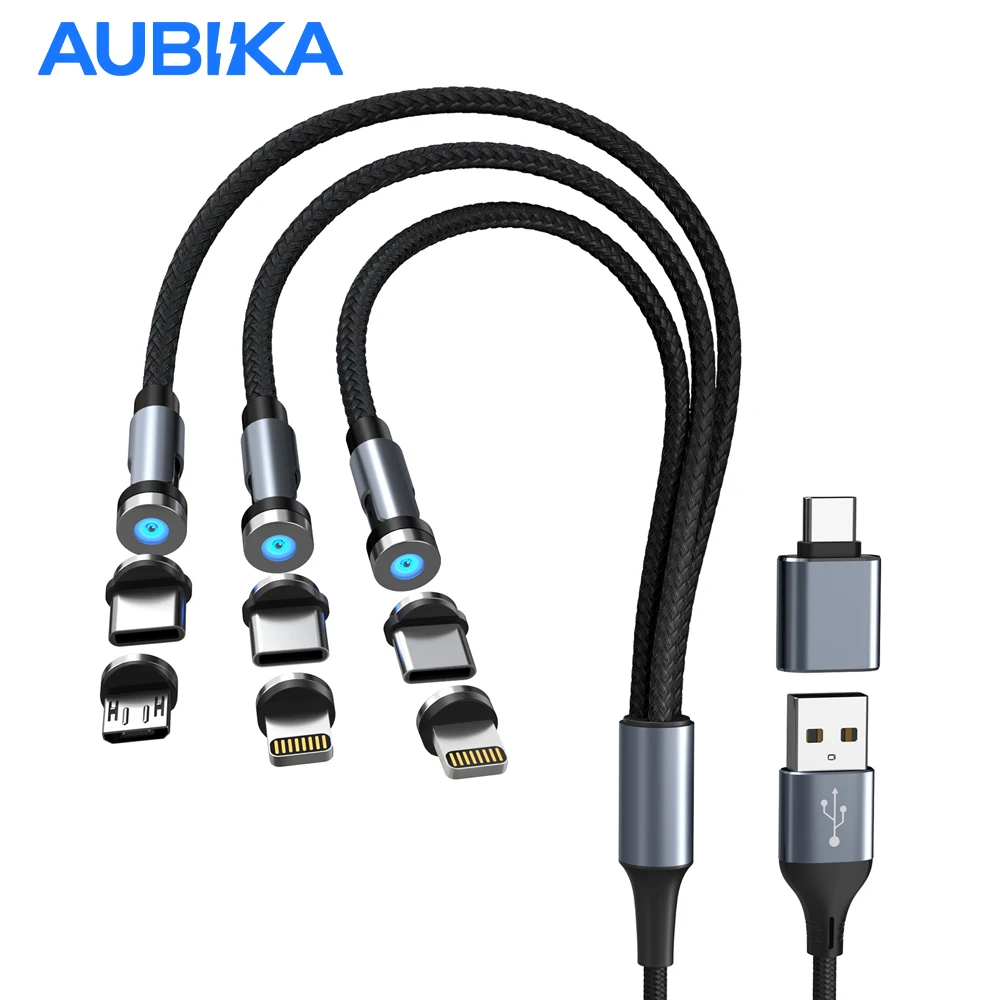 

Aubika Magnetic Multi Charging Cable 3-in-1 Rotating Charger Cord 4FT with LED Light USB-C Adapter 6 Connectors Included