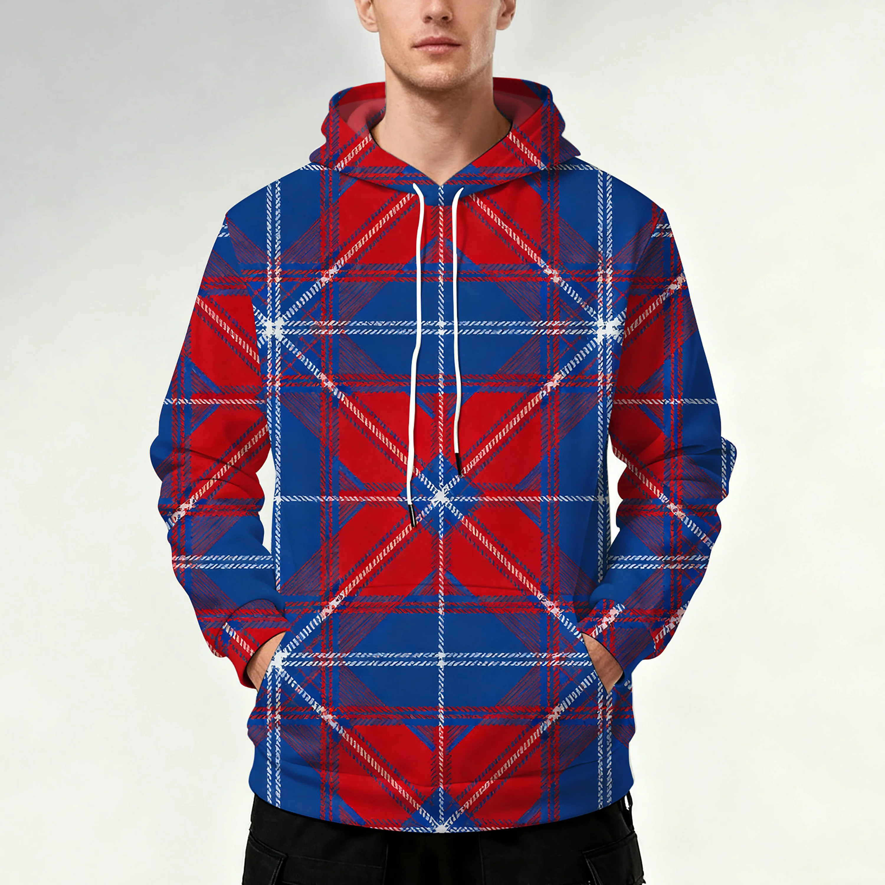 İpli cepli, ekose desenli, sportif, şık, günlük ve rahat erkek kapüşonlu sweatshirt.