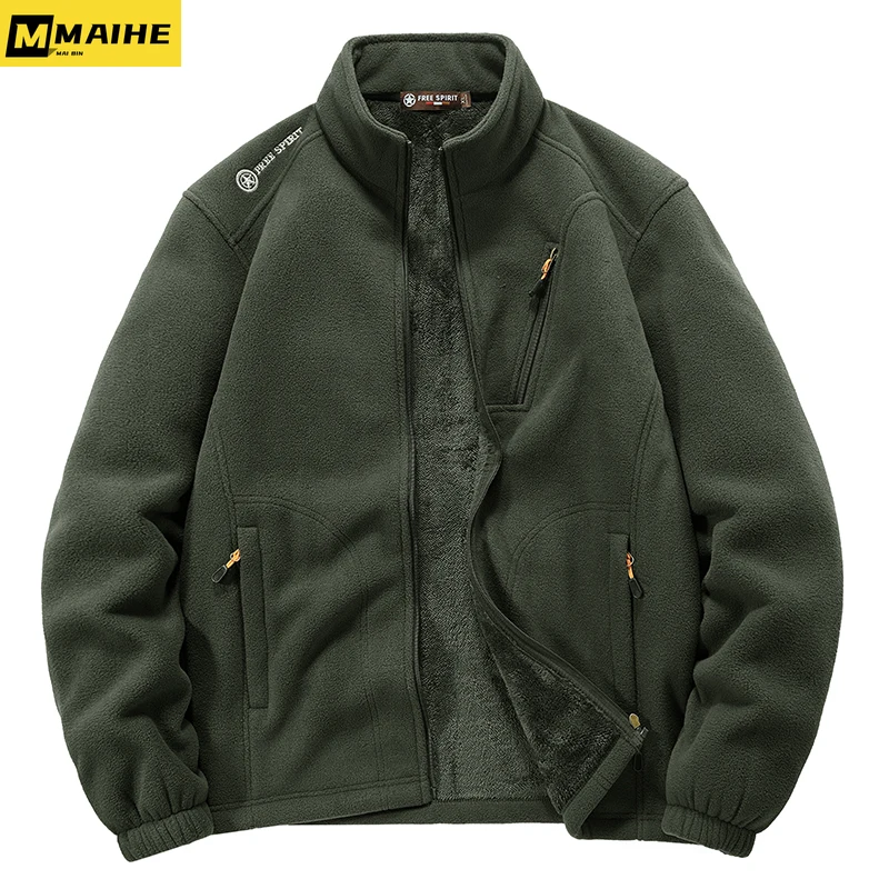 Winter plus-size men's jacket Harajuku standing collar windproof fleece sports coat Outdoor hiking and skiing warm cardigan coat