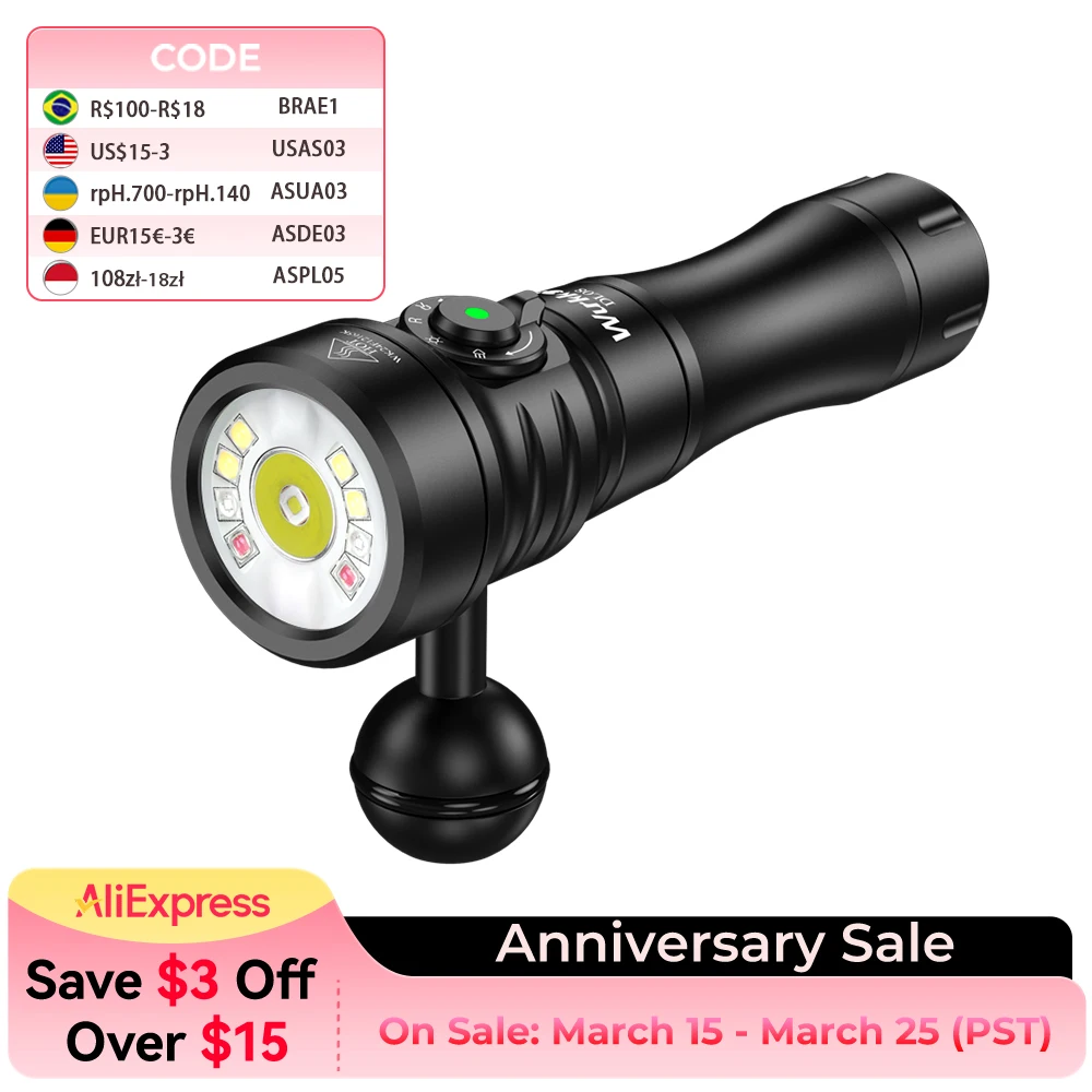 Flashlight Wurkkos DL08 High-Power 21700 Rechargeable Dive Light 3600Lm Rotating Magnetic Switch 6500K Underwater Spotlight