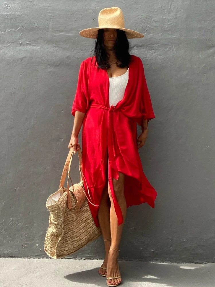 Beach Cover Up Kimono Women Summer 2022 New Pareo Swimsuit Cape Solid Bohemian Tunic Dresses Bathing Suits Dropshipping 2