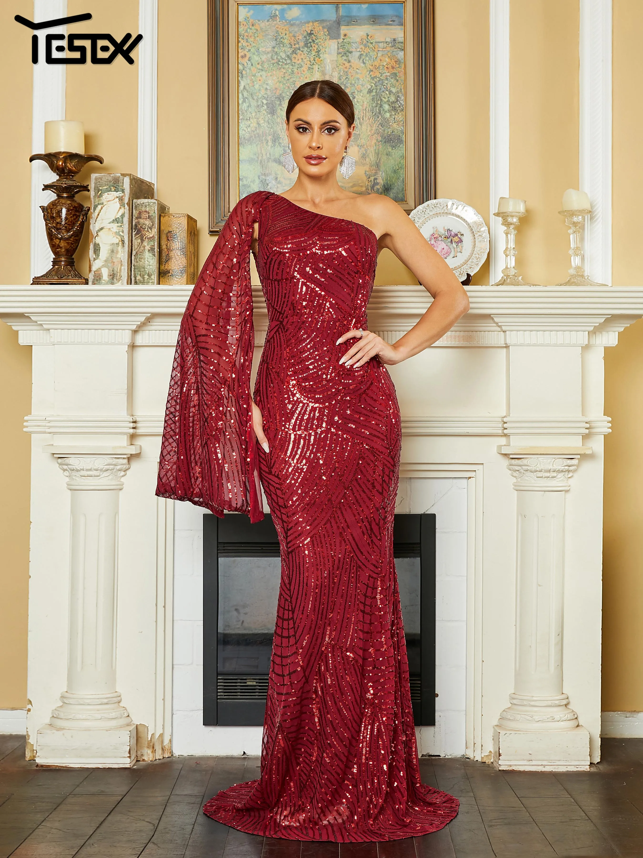 

Yesexy New 2024 Burgundy One Shoulder Mermaid Sequin Evening Fashionable Elegant Cocktail Prom Wedding Birthday Party Dress