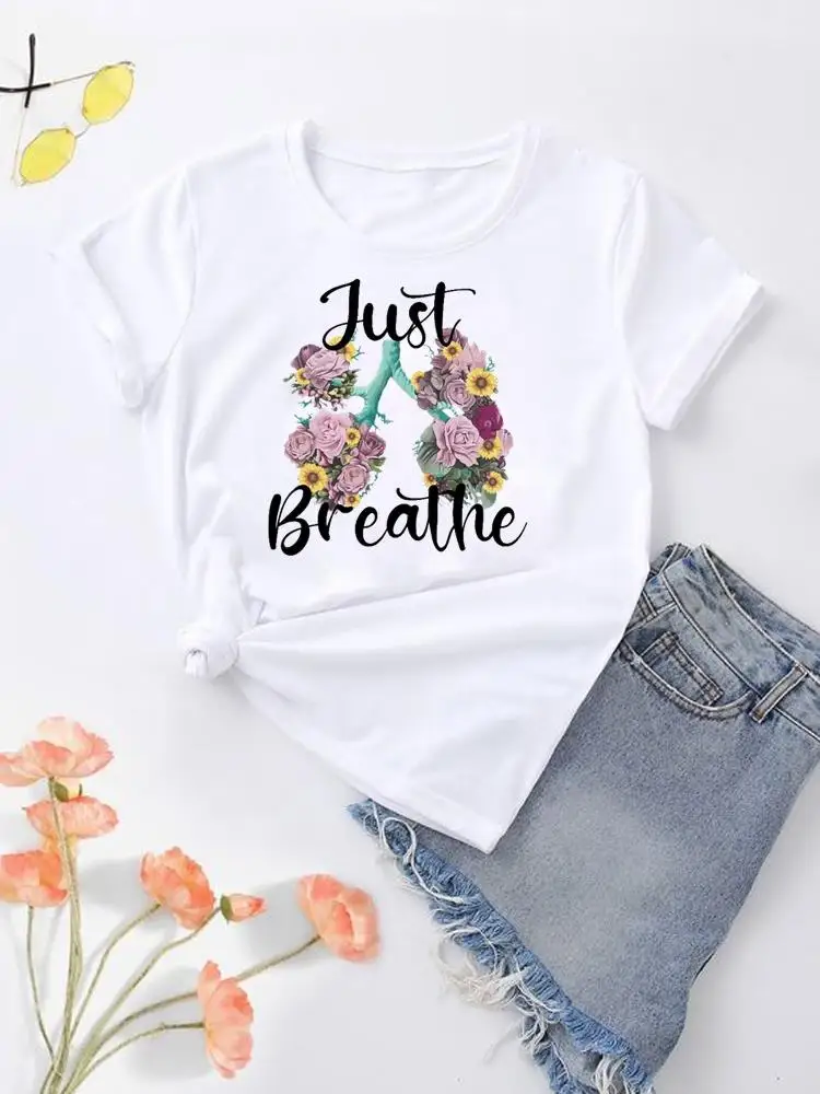 

Flower Letter Trend Cute 90s Women Top Fashion O-neck Clothing Print Clothes Graphic T-shirt Short Sleeve Lady Female Shirt Tee