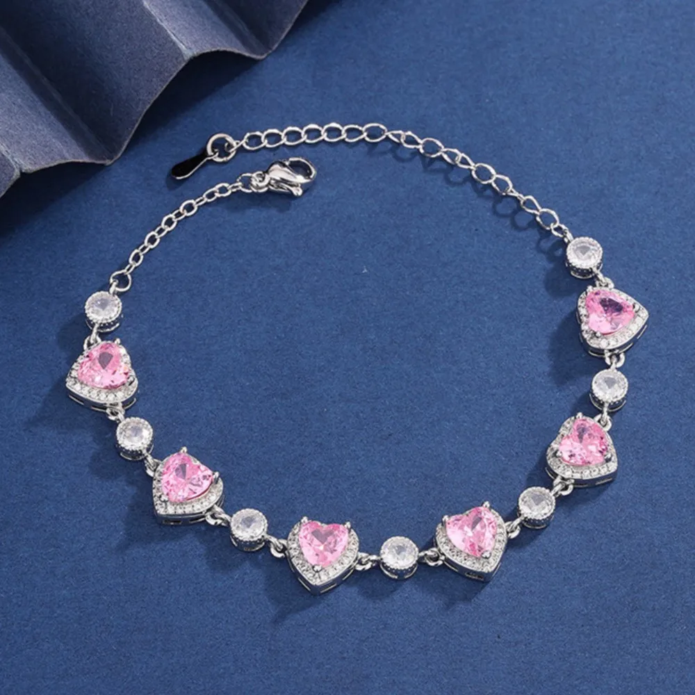 Light Luxury Cherry Pink Color Heart Pendant Jewelry Set for Women Elegant Necklace Bracelet Earrings Ring Wedding Jewelry Gift