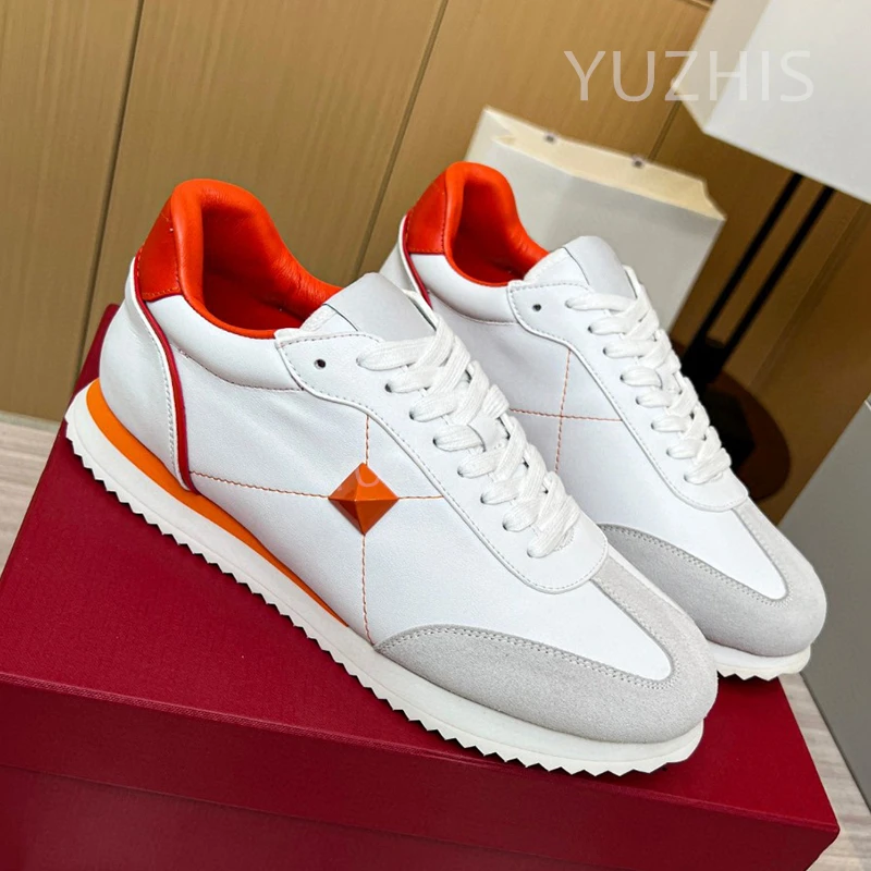 

Luxury Designer Rivet Shoes Men Genuine Leather Platform Sneakers High Quality Low Top Casual Flats Lace Up Round Toe Shoes