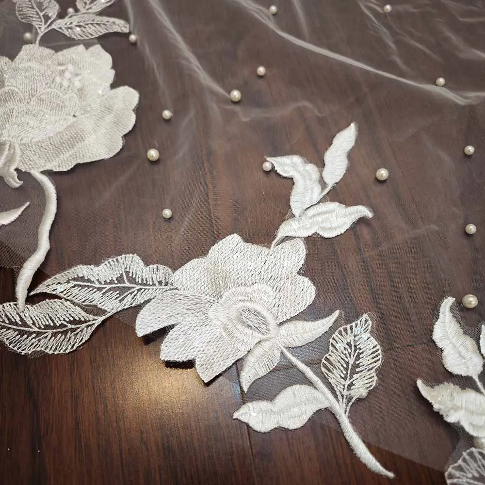 Luxury Pearls Wedding Veil with Flora Lace Heavy 3.5 Meters Long One Tier Bridal Veil New Head Wedding Accessories