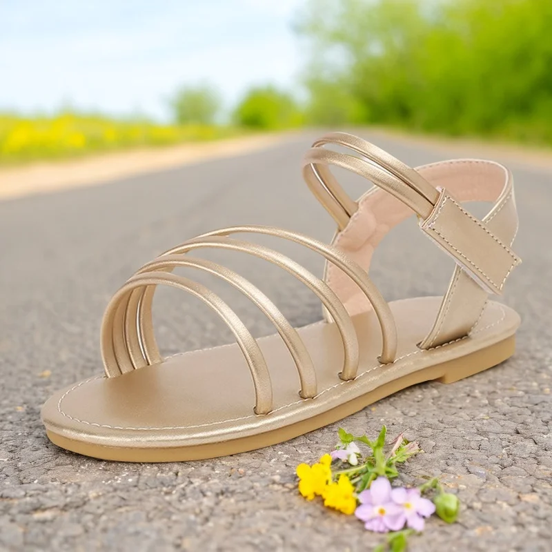 Students Golden Sandals 2025 Girls Romanesque Hollowed Out Breathable Children's Sandals Soft Soled Atmospheric Girls' Sandals 4