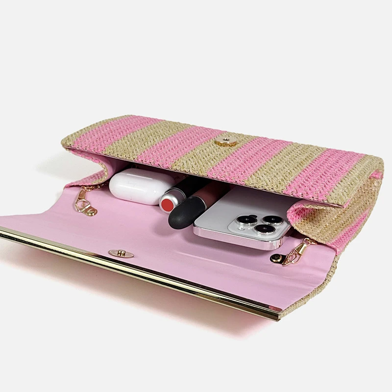 Fashion Pink Striped Clutch Bag for Women PP Straw Chains Shoulder Crossbody Bag Summer Beach Bags Small Party Purses 2024