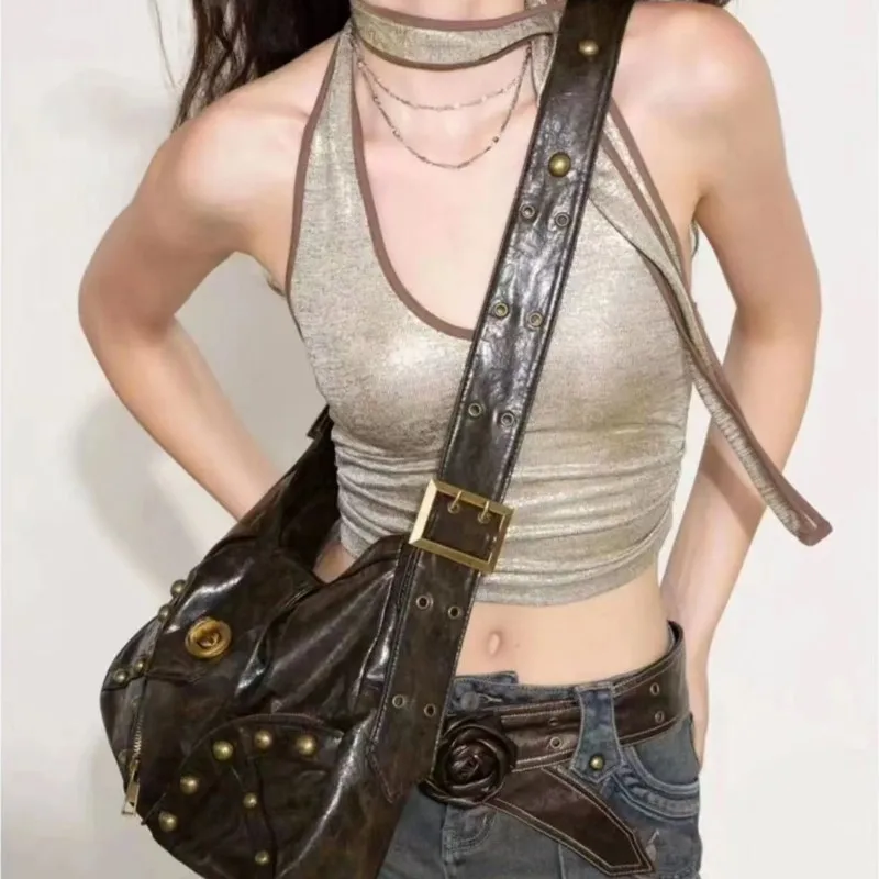 JIAERDI Hot Girl Studded Black Tote Bag Women Pleated Textured Leather Shoulder Bags Ladies Retro Y2k Aesthetics Crossbody Bag