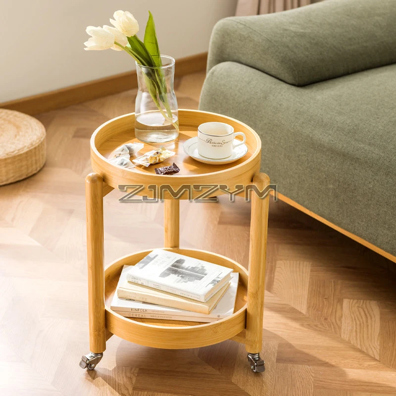 Side Table with Wheels, Round Side Table Small Bedside Nightstand with Removable Tray Top for Living Room, Bedroom, Black
