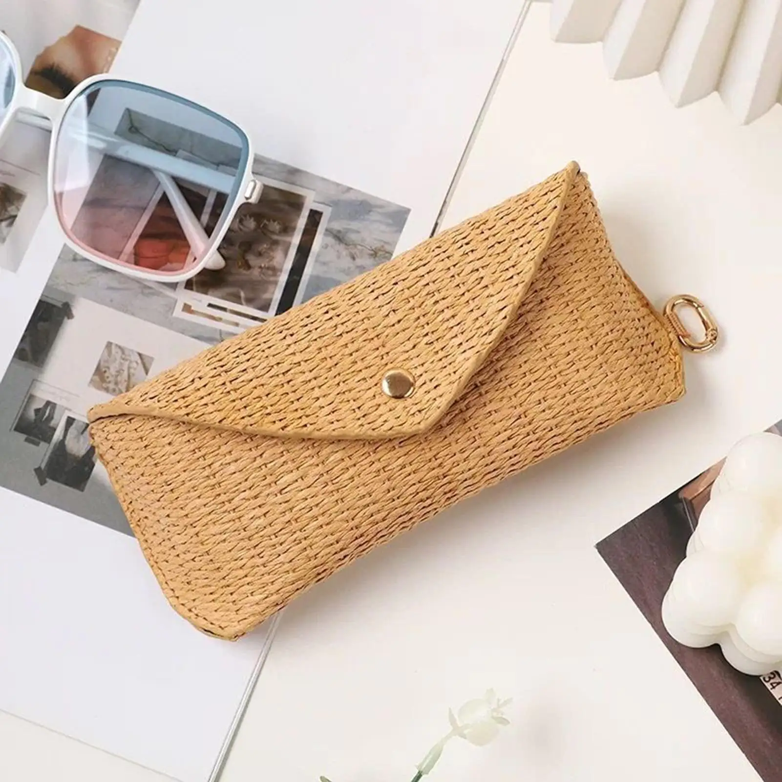 Glasses Case Holder Soft Box Woven Straw With Hook Glasses Pouch For Contact Lenses Purse Car Desk Nightstand Drawer Travel