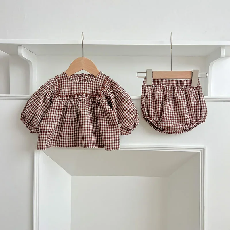 Korean Baby Girl Plaid Blouse Bloomer Suit