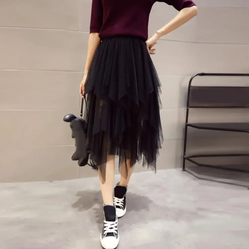 

Mesh Yarn Long Skirt Women Tulle Skirt Elegant Women's Tulle Skirt with High Waist Elastic Band Tiered Mesh Hem for Streetwear