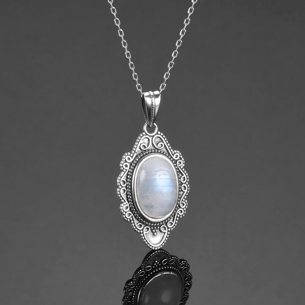 Pure Sterling Silver Vintage Oval Rainbow Moonstone Pendants Necklaces Women's Handmade Fine Jewelry Gifts