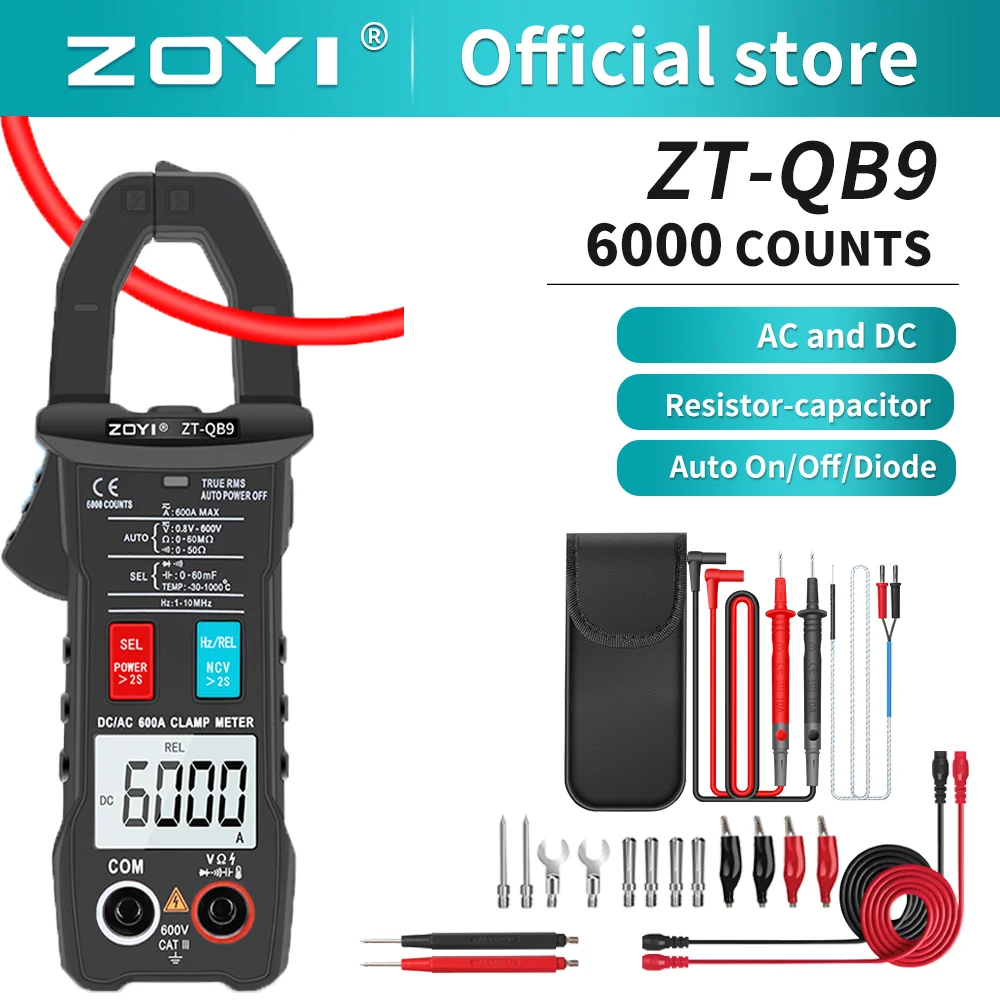 ZOYI Digital Clamp Meter ZT QB9, DC AC current 6000 counts multimeter ammeter voltage tester car amp Hz capacitance NCV ohm test
