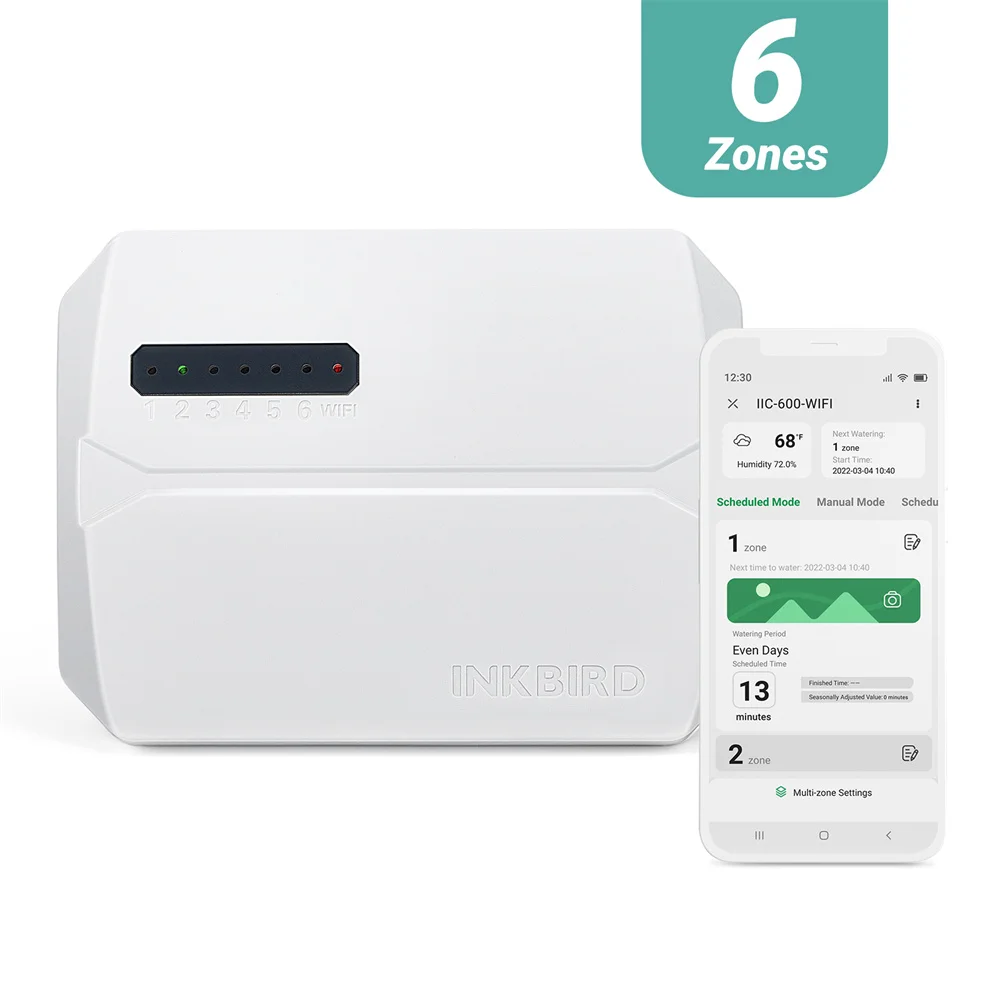 INKBIRD 6 Zones WIFI Smart Sprinkler Controller Auto Irrigation Controller Supports Rain Skip Seasonal Adjustment Manual Mode