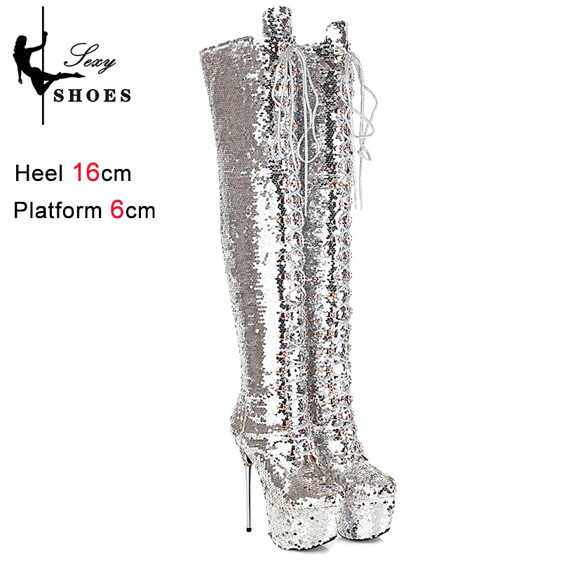 Pole Dancing Women Boots Bling Sequined Glitter Over-the-Knee Thigh Boots 16CM Thin High Heels Winter Short Plush Platform Shoes