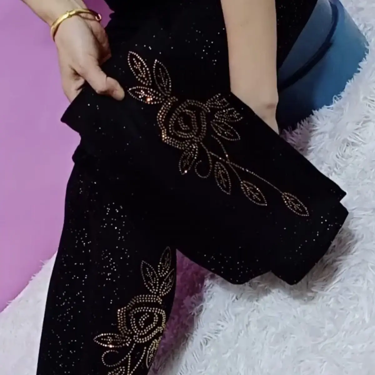 Autumn Winter Sequin Print Black Women's Leggings Pants High Waist Plus Size Pencil Trousers