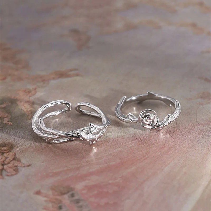 Trendy 925 Sterling Silver Little Prince and Rose Couple Rings Set