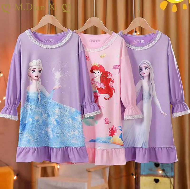 Mermaid Anna Elsa Dress Girls Nightdress Clothes Cartoon Pajamas Children Clothing Short-Sleeve Pajamas Dress Kids Family Wear