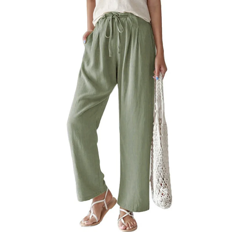 New Cotton and Linen Loose Casual Women's Pants Solid Color Elastic Waist Lace-up Straight Trousers