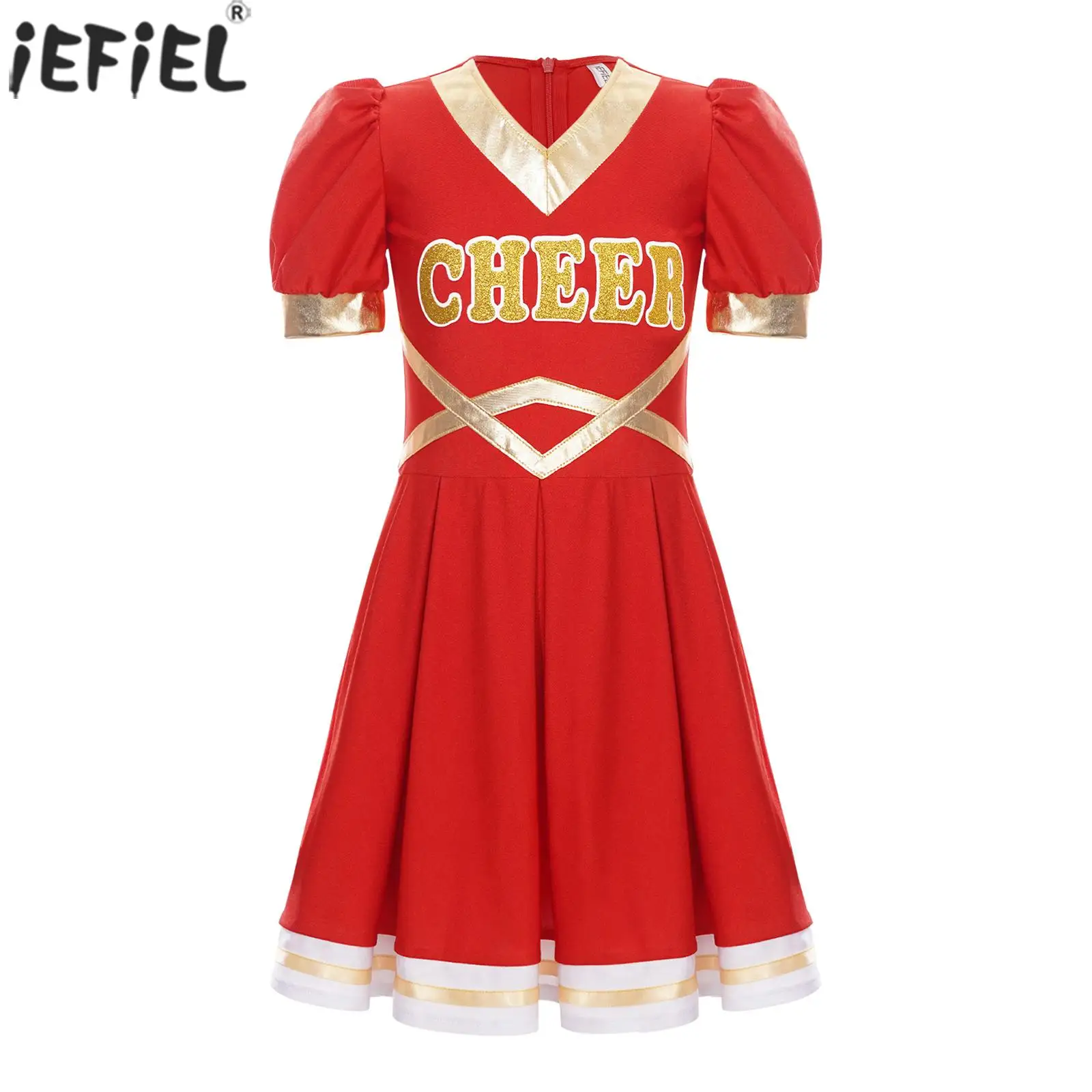 

Kids Girls Cheerleading Costumes Cheerleader Uniform Letter Print Short Puff Sleeve Pleated Dress Halloween Party Performance