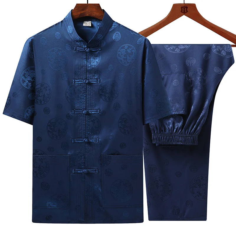 

New Chinese Style Men's Tang Suit Sets Satin Short Sleeve Long Pants Tradition Dragon Kung Fu Tai Chi Set Casual Loungewear