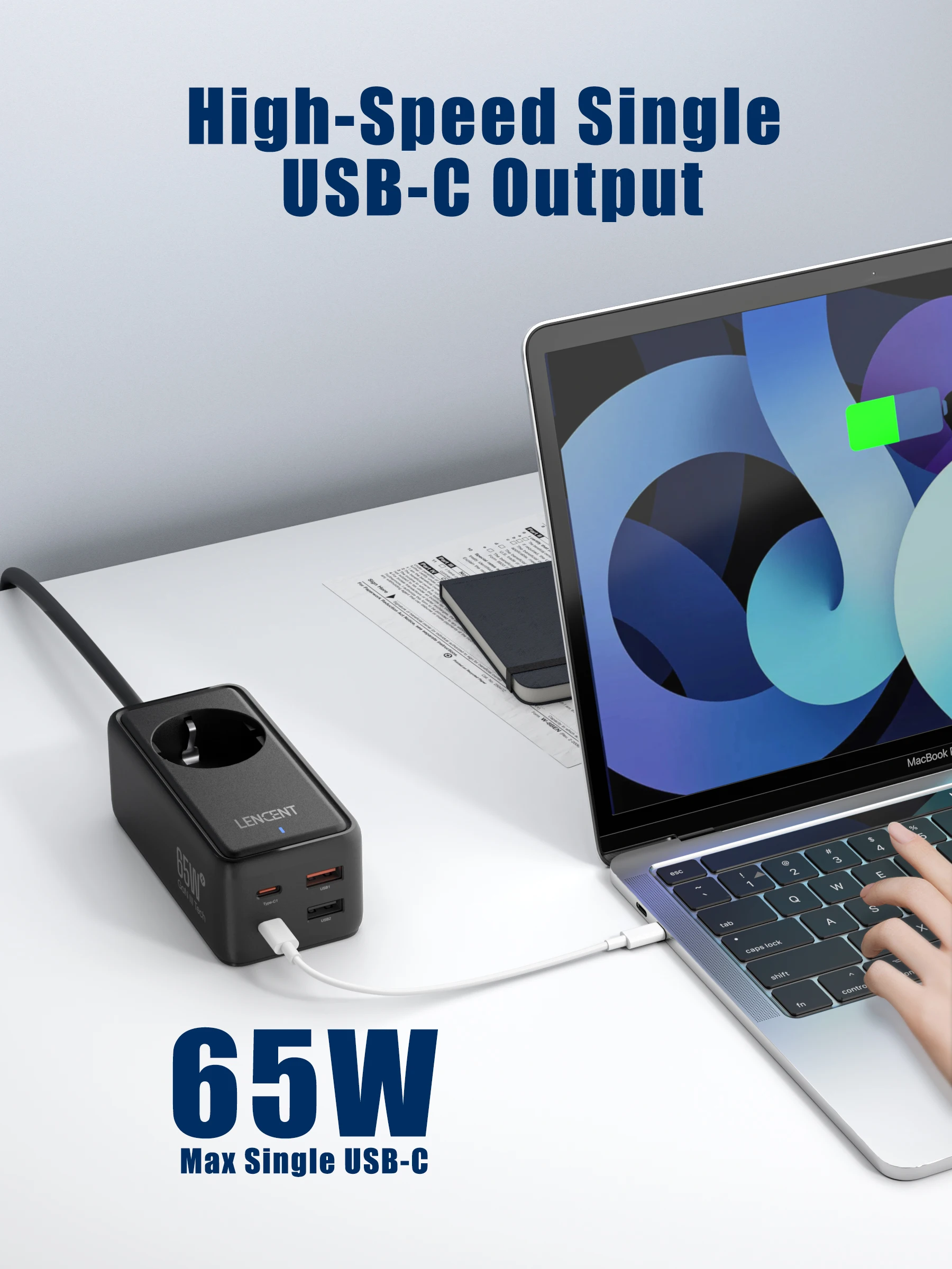 LENCENT 65W gan3 asztali gyorsan töltő áram csík vel 1AC  2 USB 2 típusa C 1.5M Vezeték  5 ben 1 töltő számára IPhone xiaomi  samsung