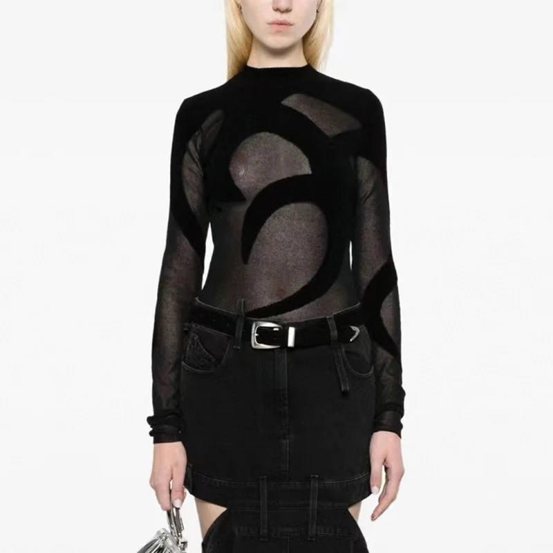 

2024 early spring new round neck knitted top sexy hollow jacquard long-sleeved T-shirt high quality ladies bottoming shirt y2k