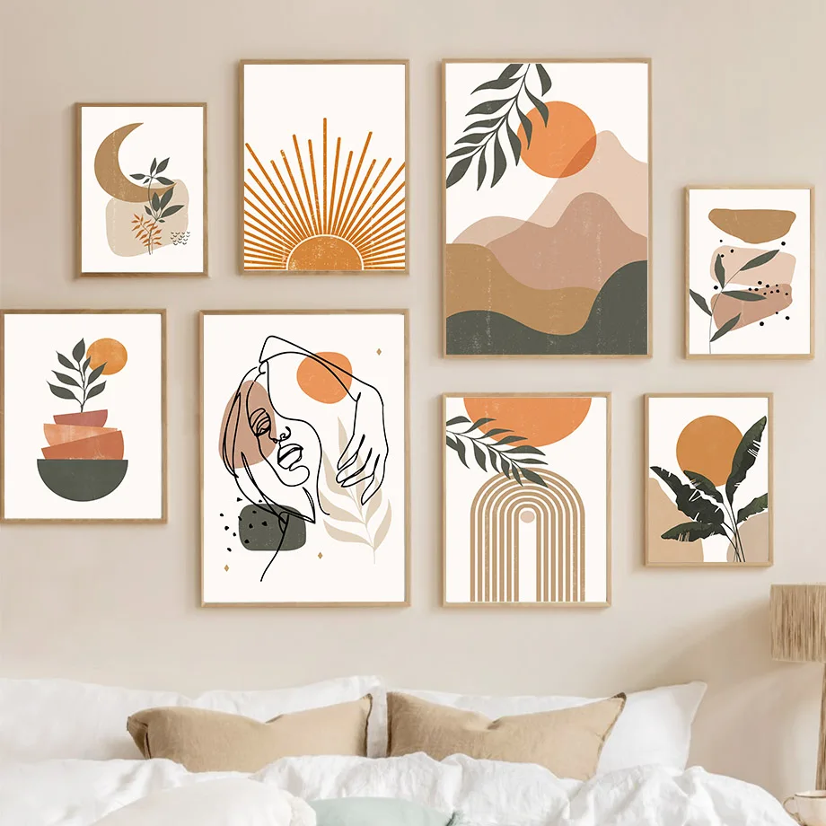

Sun Leaves Line Girl Geometry Abstract Boho Wall Art Nordic Gallery Poster Print Canvas Painting Pictures For Living Room Decor