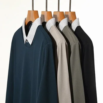 Nuova Polo da Uomo 2026 con Effetto Due Pezzi, T-shirt Casual alla Moda a Maniche Lunghe con Colletto, Top Versatile