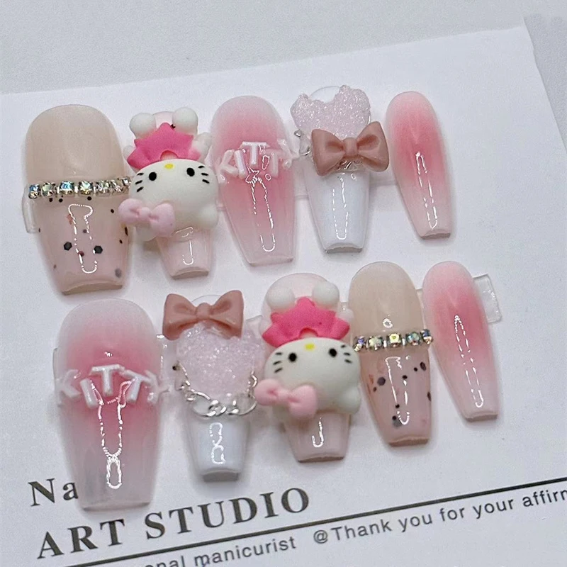 

Sanrio Pink Hello Kitty Cat Chain Love Bow Handwork Customize Kawaii Sweet Y2K Long Fales Nails Purely Handmade Press-On Nails