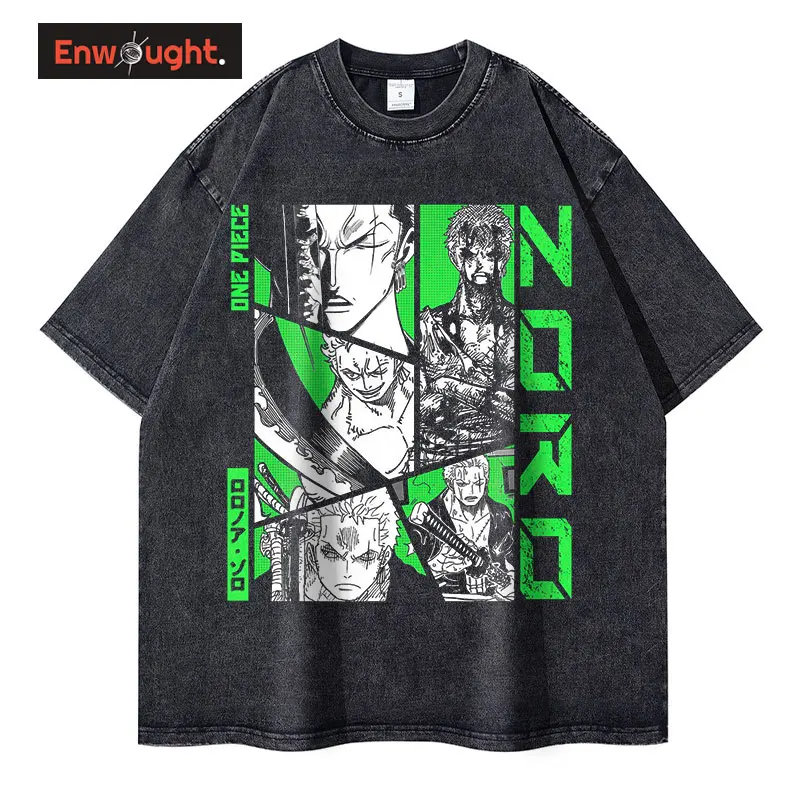 

Roronoa Zoro T-shirts Vintage Washed Anime One Piece T-shirt Oversized Streetwear Manga Ace Franky Luffy Kid Sanji Tops Tees Men