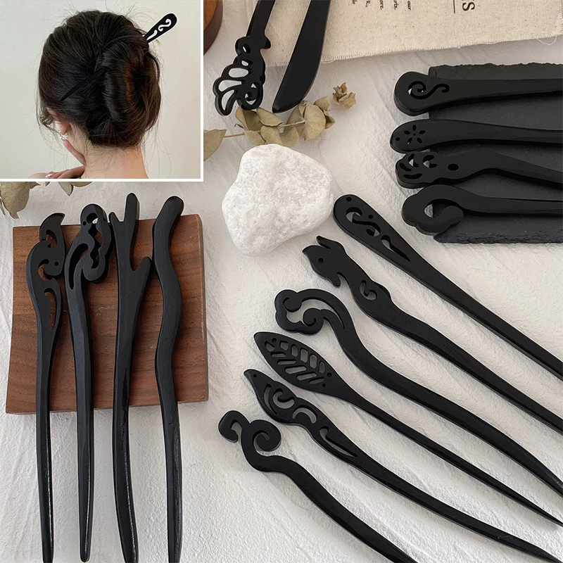 TraditionalWoodenBlackHairSticksChineseStyleHairpinsCarvedWood