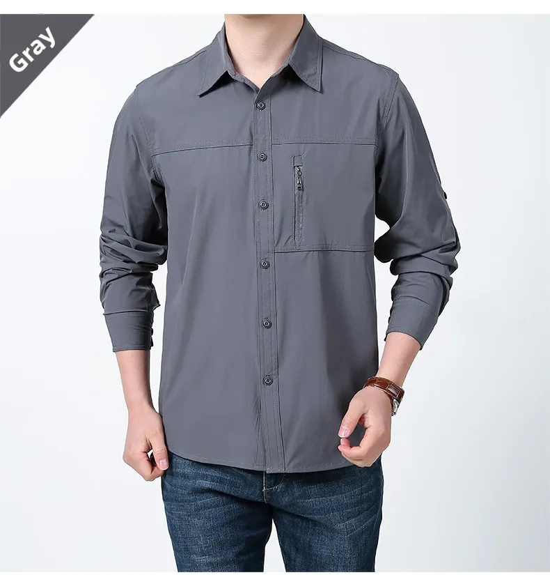 COMXZ 2025 Mens Quick Dry Shirt Outdoor Performance Ice Silk Long Sleeve Sun Protection UPF Work Shirt Waterproof Breathable