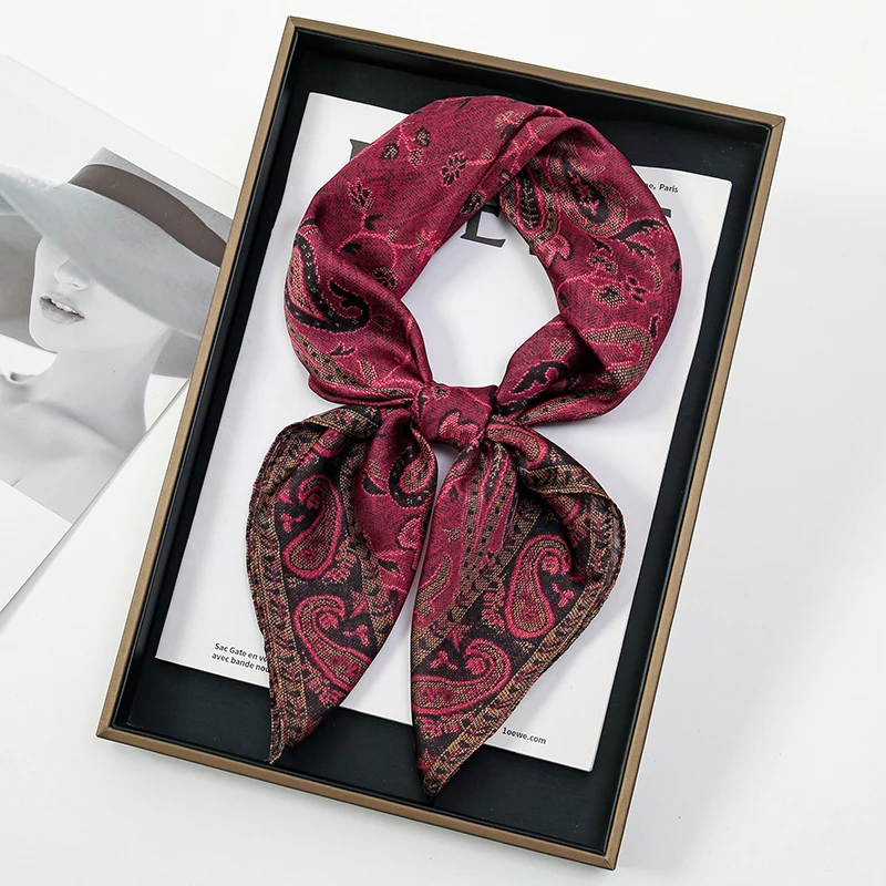 Luxus Paisley Print Satin Seidenschal Quadrat Bandana Hijabs für Frauen Halstuch Haarband Stirnband Schicke Haar-Accessoires – Detail 1