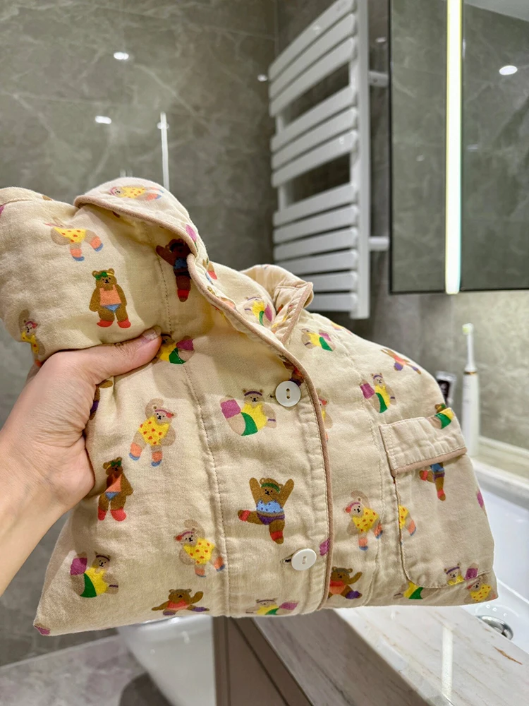 Cartoon Bear Print Pajamas for Women 2024 New Spring Cute Girl Home Wear Cardigan Trousers Two-piece Set