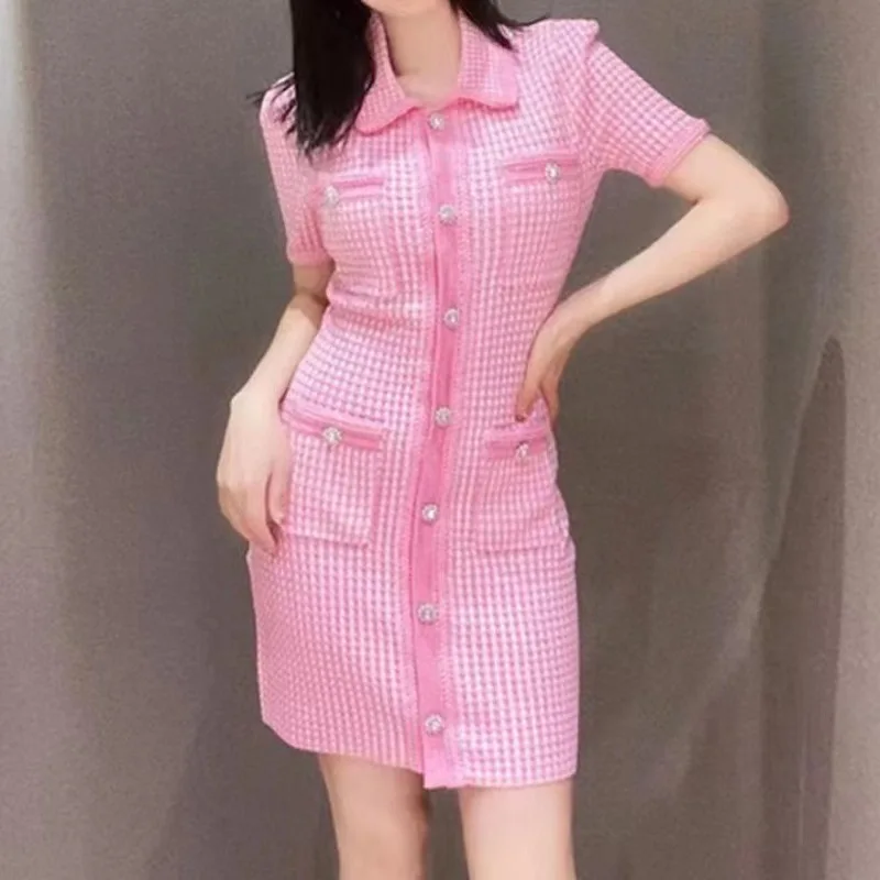 

Pink Plaid Pocket Knitting Dress 2023 Women New Fashion Short Sleeve Office Ladies Elegant Casual Slim Mini Dresse
