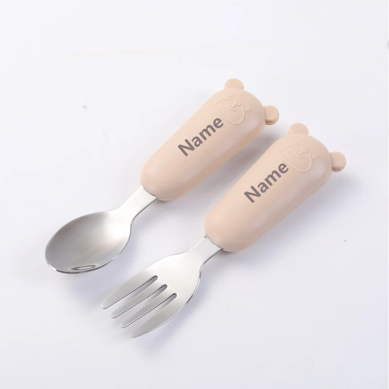 Baby Cutlery Set - Fork & Spoon Stainless Steel with Silicone Handles Free Name Engraving Children's Surprise Gift