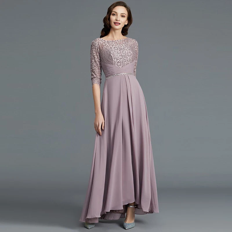 

2022 Graceful Two Pieces High Low Lace Mother of the Bride Dresses With Jacket Three Quarter Sleeves Beaded Wedding Party Gowns