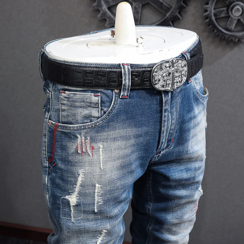 High Street Fashion Men Jeans Retro Blue Elastic Slim Fit Embroidery Patched Vintage Ripped Jeans Men Hip Hop Denim Pants Hombre