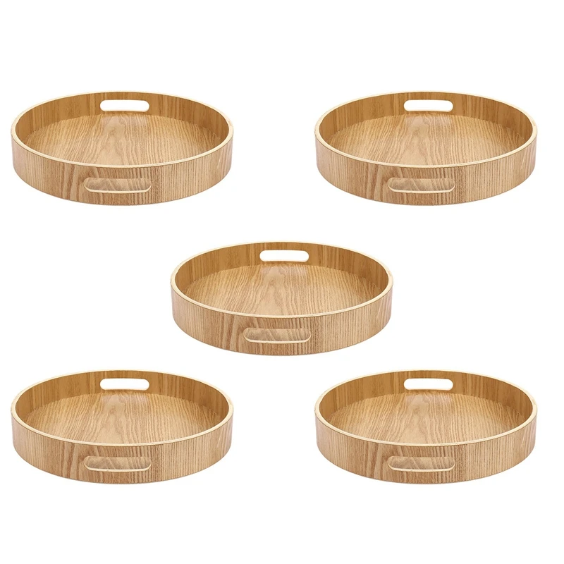 

5X Round Serving Bamboo Wooden Tray For Dinner Trays Tea Bar Breakfast Food Container Handle Storage Tray 2