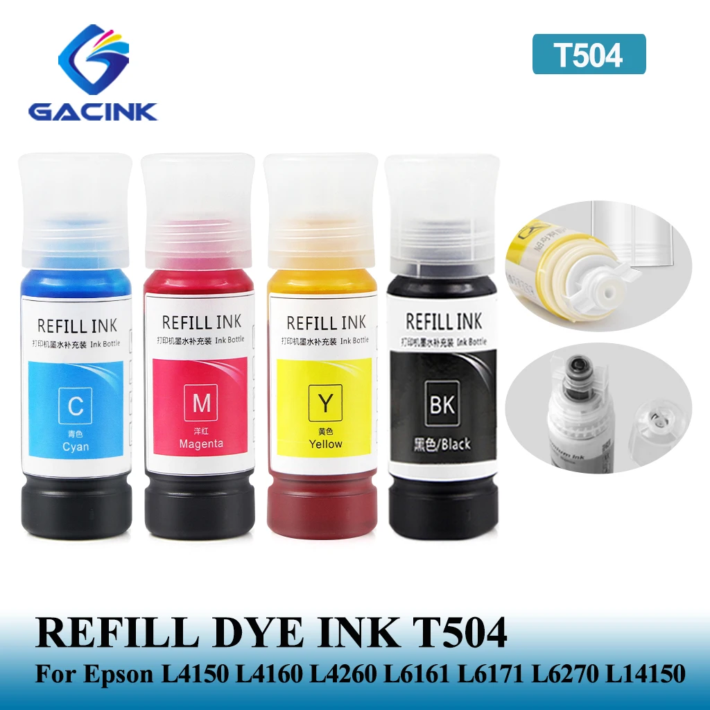 Gacink T504 504 Ricarica Inchiostro Dye Per Epson Eco Tank L4150 L4160 L4260 L6161 L6171 L6270 L14150 Inchiostro Dye Desktop