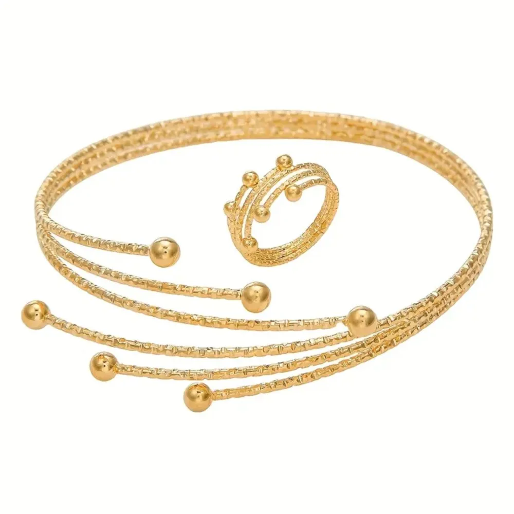 2pcs Golden Tone Arm Cuff + Ring Jewelry Sets for Women Multi Layered Temperament Bnagle Perfect Gift for Friends and Girlfriend