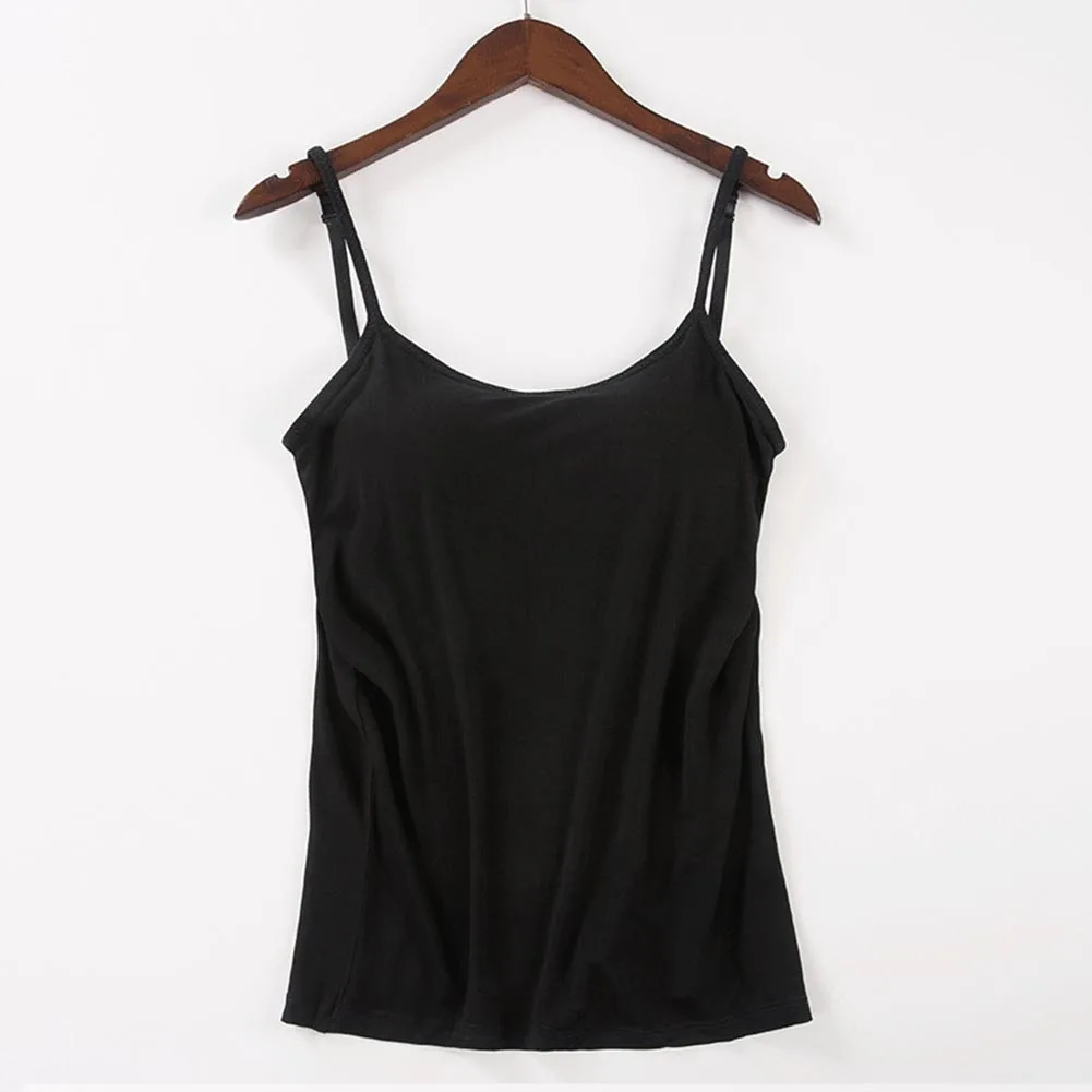 Long Cami With Built in Shelf Bra Adjustable Strap Women Layering Basic Tanks  Top Solid Cotton