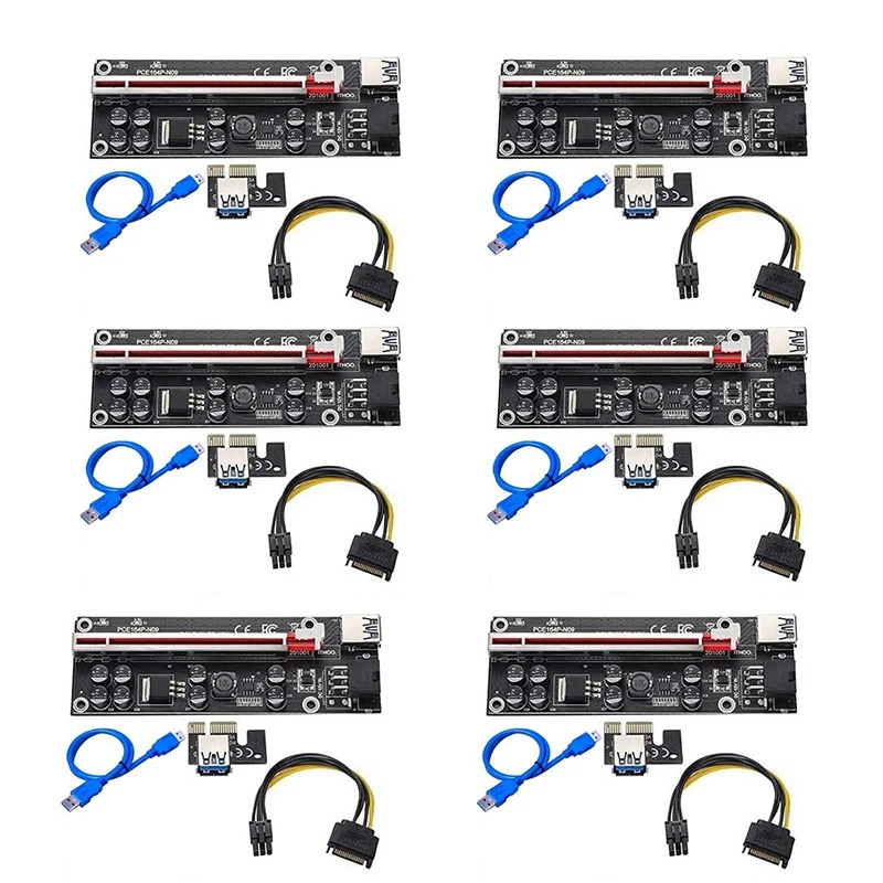 

6 Pcs VER009S Plus PCI-E Riser Card PCI Express 1X To 16X With USB 3.0 Cable SATA To 6Pin Power Cable For Mining