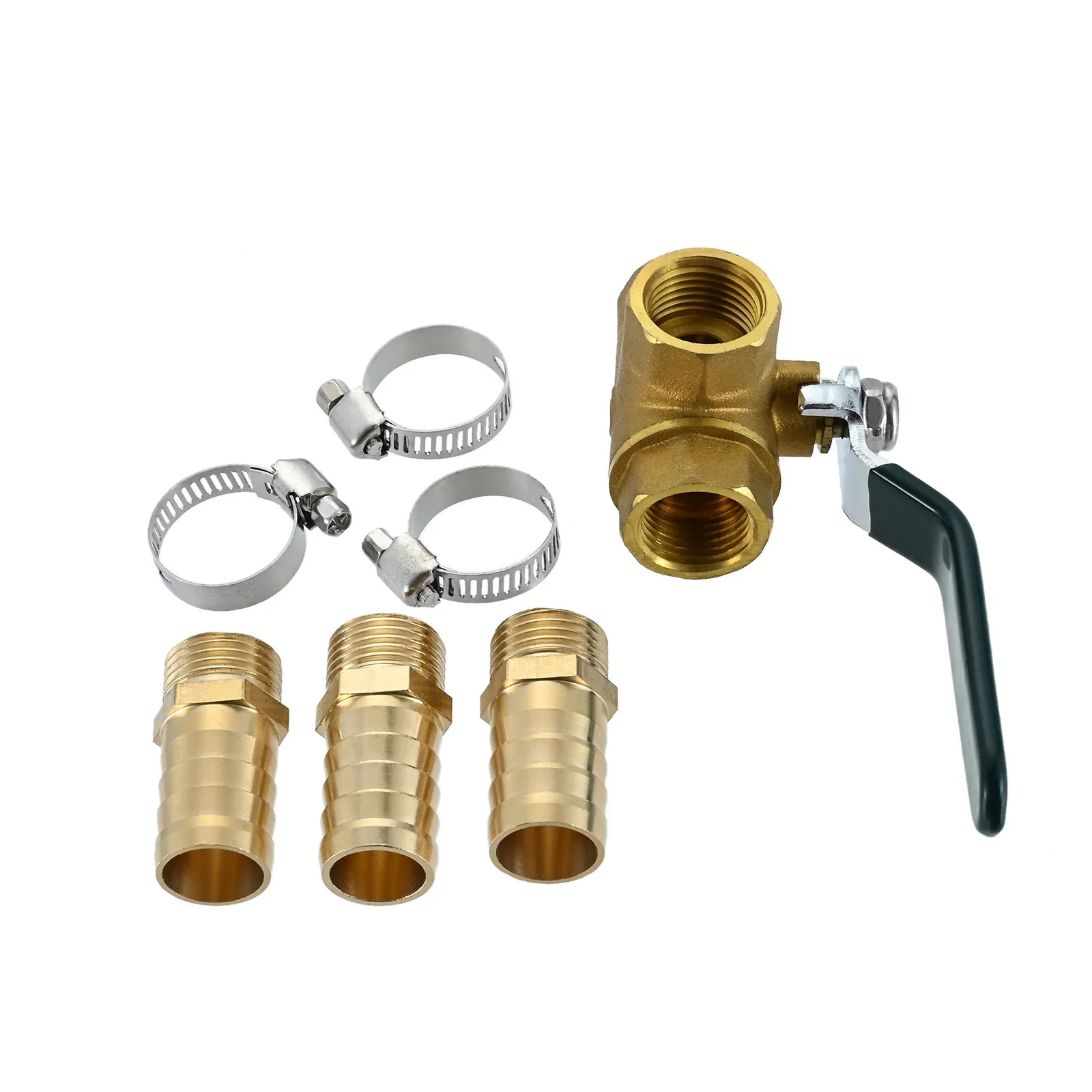 1Set 3 Way L-port Shut Off 1/2"G Thread Ball Valve with 1/2" Hose Barb T Shaped Brass Fitting One Switch with 3 Pipe Clamps