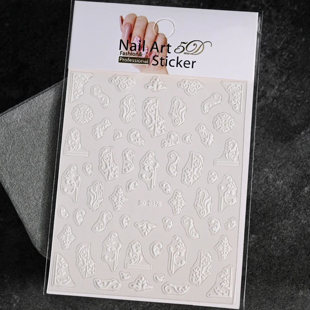5D geprägte weiße Spitze Blume Nail Art Aufkleber Acryl Blumen Blatt Schmetterling Charme selbstklebende Schieber 10 * 8 cm Maniküre Aufkleber – Detail 3